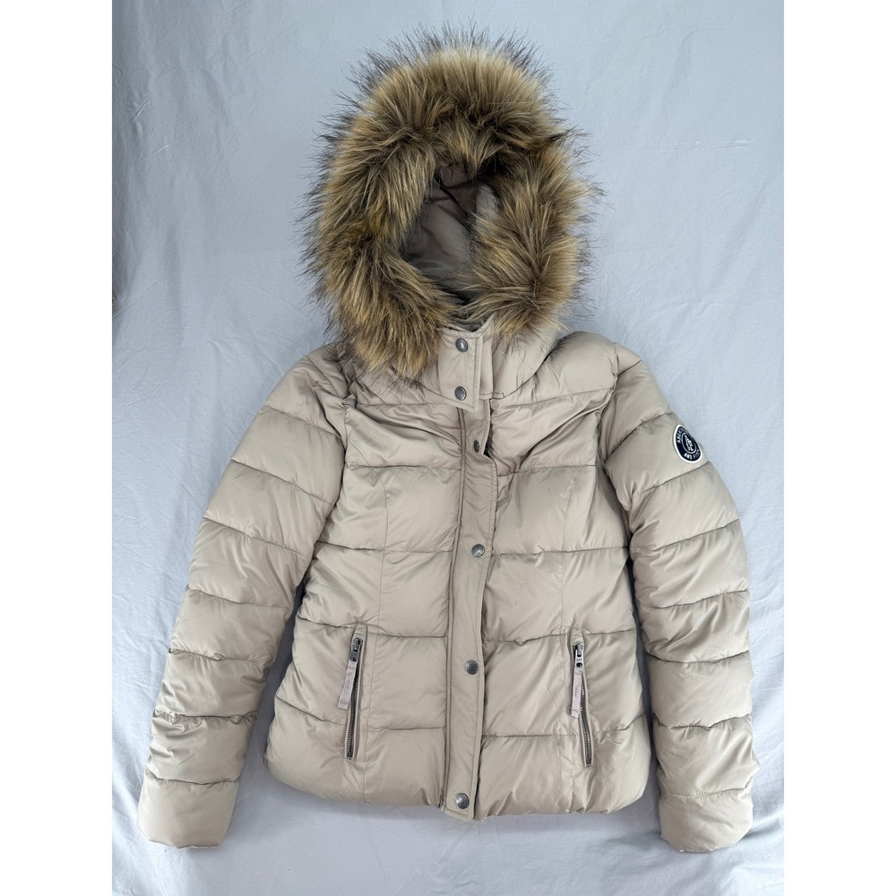 Abercrombie & Fitch Womens Beige Puffer Jacket Faux Fur Hood Fleece Lined Small